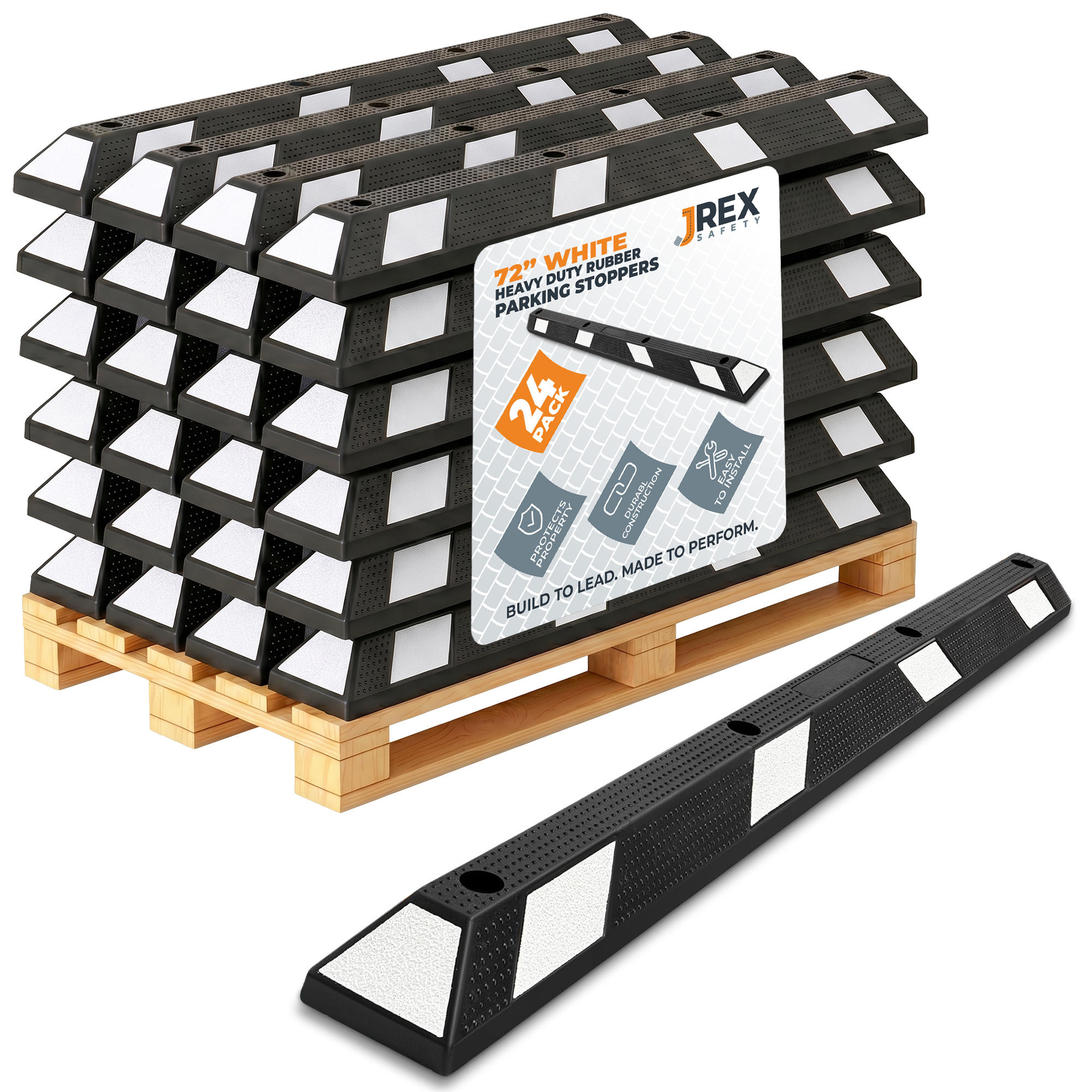 72" Rubber Parking Block Curb Stop - White Reflective Strip - Half Pallet 24